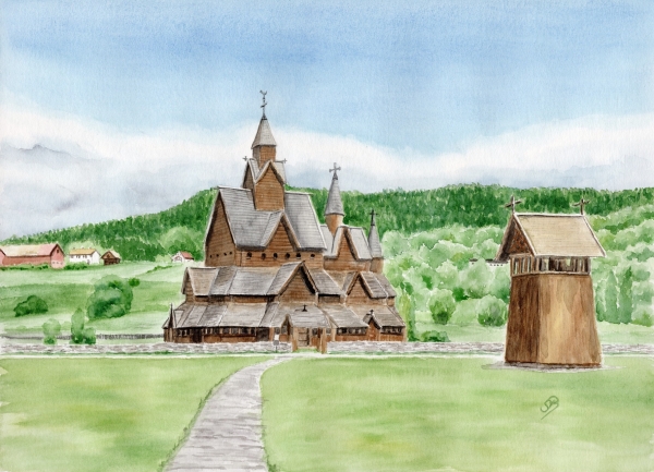 Poster DIN-A3 Aquarell Kunst Druck Kunstdruck Norwegen Norge Norway Kirche Stabkirche